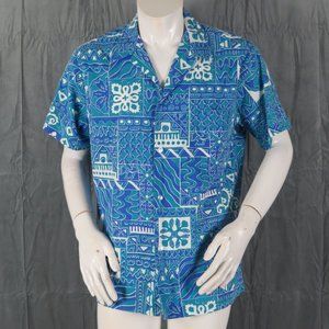 Vintage Hawaiian Shirt - Blue Green and White Tribal Pattern by Kai Nani - Men L